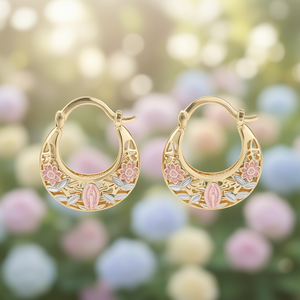 Orecchini a Cerchio Placcati Oro E4582 con Design Floreale, Gioielli Religiosi Cattolici in Lega di Zinco per Uso Quotidiano Femminile - Product Image 2