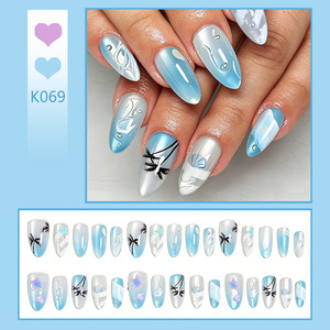 30 faux ongles à presser, bleu chrome, style français, couvrance totale, forme amande moyenne, motif floral, longue durée, réutilisables - Product Image 2