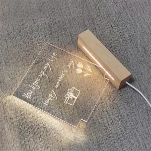 Acrílico 3D decoración Led ilusión lámpara madera USB Cable interruptor 3D Led noche luz larga acrílico DIY lámpara de madera Base