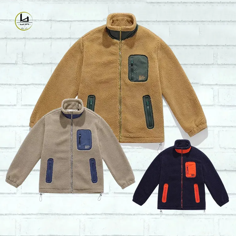 Men's winter coat fleece jacket solid color pockets fleece zip up jacket factory customized sherpa fleece jacket