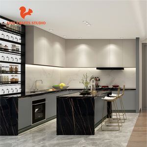 Îlots de cuisine modernes en bois aggloméré sur mesure, armoires de cuisine en MDF, fabricant d'armoires avec plan de travail en quartz artificiel - Product Image 4
