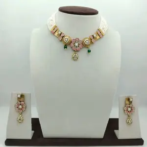 Traditional Gold Tone Choker <b>Necklace</b> <b>Set</b> with Pink Floral Stones <b>Pearl</b> Strands and Matching Drop Earrings Bridal Jewelry - Product Image 1