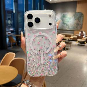 Conception de motif personnalisable | Étui de téléphone magnétique anti-chute avec paillettes florales en résine |   Housse de protection intégrale anti-rayures - Product Image 4