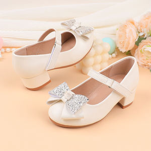 Sandales de princesse pour petite fille, été, blanc, paillettes, nœud, strass, velcro, talons bas, semelles souples, chaussures de fête, chaussures habillées - Product Image 1