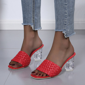 Sandales mules tissées à bout carré pour femmes, pantoufles à talons carrés transparents de forme spéciale, à enfiler, pour soirée - Product Image 3