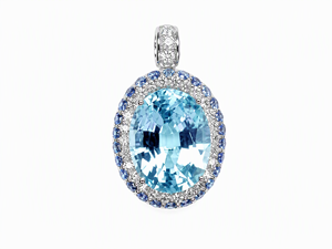 Pendentif ovale en topaze bleue à double halo, diamant naturel et saphir bleu, en or 18 carats, bijoux fins pour femme, collier de mariage formel, charme - Product Image 1