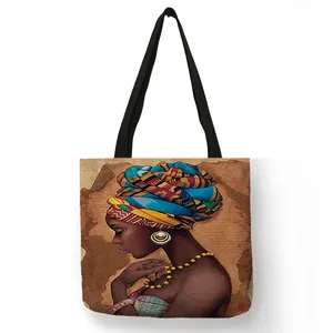 Bolso de diseñador con estampado de pintura africana para mujer, bolsa de compras reutilizable, Eco, informal, color negro