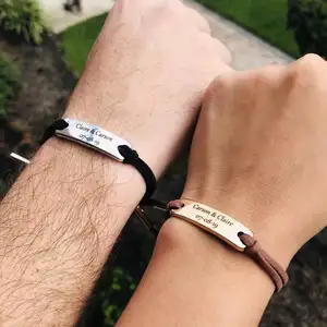 Pulseras personalizadas para parejas, brazalete con grabado de barra ancha y larga distancia - Product Image 1