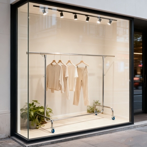 Estantes de ropa de <span class=keywords><strong>Metal</strong></span> ecológicos de último diseño de seguridad superior, soporte de suspensión de exhibición de 2 vías, estantes de ropa de marca - Product Image 4