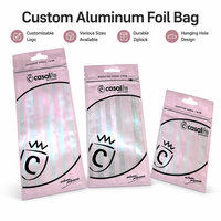 Sacs en Mylar à fond plat avec fermeture éclair refermable, logo personnalisé, en aluminium, résistants à l'humidité, pour cosmétiques, shampooings, parfums, fards à joues
