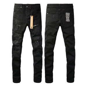 Jeans Americani di Alta Qualità Skinny Straight in Denim Nero Slim Fit di Marca alla Moda con Effetto Usurato e Strappi per Uomo - Product Image 6