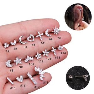 YW Venta al por Mayor, Pendientes de Cartílago de Acero Inoxidable con Baño de Oro de 14K y Zirconia, Diseño de Estrella Plana, para Tragus y Hélix, Regalo para Niños - Product Image 3