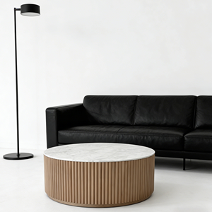 Tavolino da Caffè Moderno e Minimalista con Piano in Marmo e Base Nera Scanalata, Mobile di Lusso di Grande Successo per Soggiorno - Product Image 1