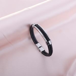 <b>Men</b> Mature Jewelry Black Leather <b>Bracelet</b> Stainless Steel Waterproof Wholesale 18k Plated Gold - Product Image 4