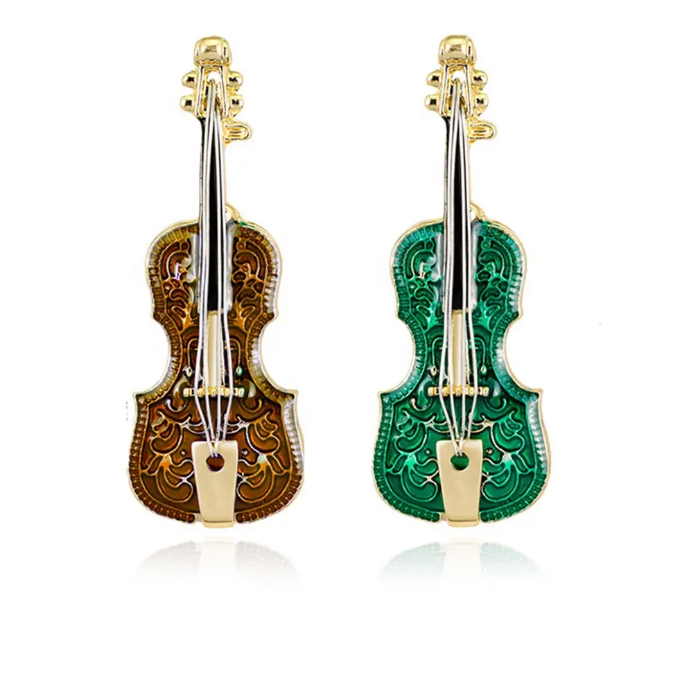 Fashion Jewelry Elegant Green Violin Musical Instrument For Christmas Gift Rhinestone Brooch Pin