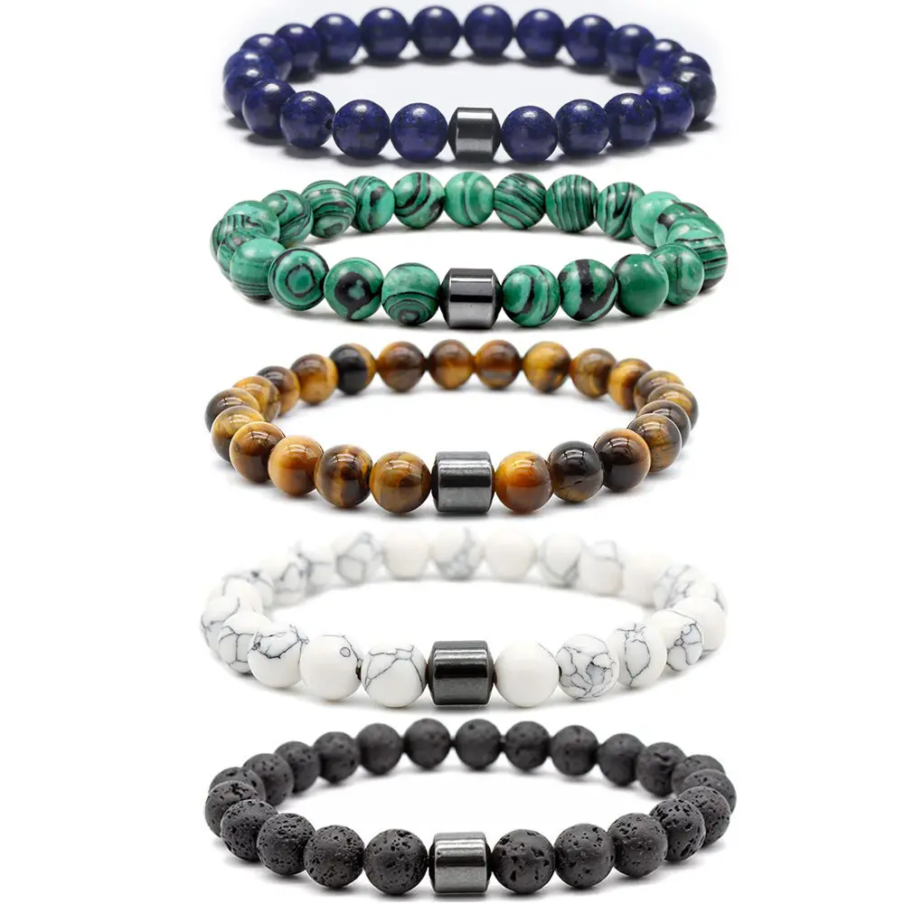 Haute qualité Top One populaire vente chaude rétro 8Mm rond noir perle Bracelet Agate tigre volcan pierre hommes Couples main chaîne