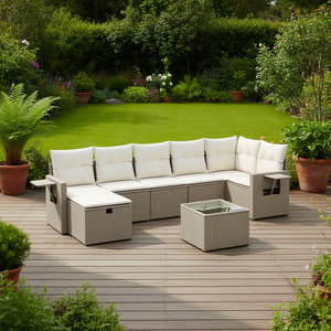 Conjunto de Sofá Grande para Jardín, Color Beige, Ratán Sintético, 6 Plazas, Muebles de Exterior con Vidrio Templado, Diseño Moderno - Product Image 2