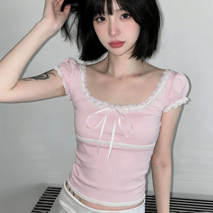 Women's Pink Lace Trim Coquette Top, Ribbon Bow Short Sleeve Slim Fit Y2K Tee, Cute Summer Casual Blouse - Product Image 5