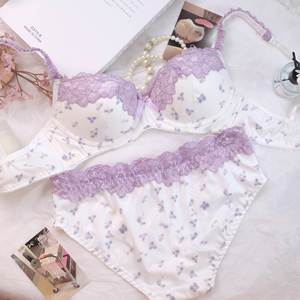 Ensemble de soutien-gorge floral violet pur et doux, délicat, bordé de dentelle, taille basse, avec nœud papillon, féminin et confortable - Product Image 3
