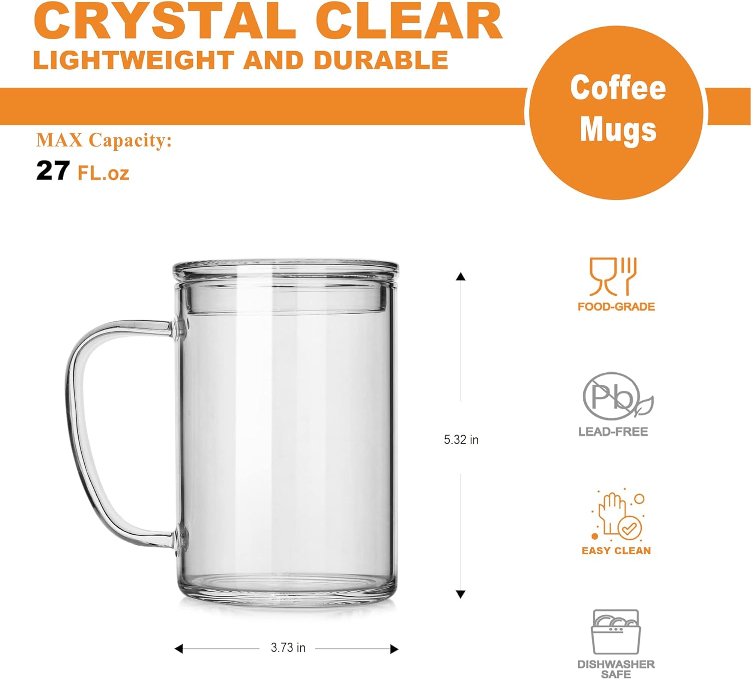 Set of 2- 27oz Large Coffee Cups Clear Glass Tea Cups Overnight Oats  Containers with Glass Lid Glass Coffee Mugs with Lid| Alibaba.com