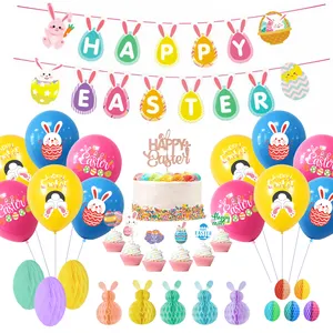 Nicro Roze Themafeest Baby Meisje Eivormig Papier Honingraat Happy Lente Easter Bunny Cake Topper Ornamenten Feestdecoraties