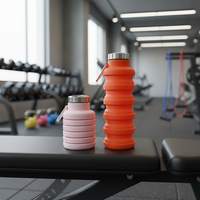 Bouteille d'eau pliable en silicone réutilisable, anti-fuite, avec logo personnalisé, 500 ml, qualité alimentaire, mousqueton inclus, pour la gym, le camping et la randonnée
