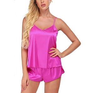 Kadın seksi saten pijama kıyafeti Cami şort takımı elastik bel özel Logo artı boyutu ile yaz ve bahar için - Product Image 5