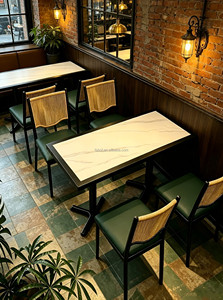 Mesa de Comedor Cuadrada de Mármol <span class=keywords><strong>Blanco</strong></span> con Base de Metal Negro, Silla con Respaldo de Ratán y Cojín Verde, Muebles Vintage para <span class=keywords><strong>Restaurante</strong></span> Occidental, Venta al Por Mayor - Product Image 5