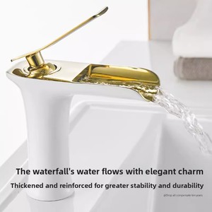 Robinet de lavabo cascade en laiton, monotrou, mitigeur chaud/froid, ergonomique, blanc doré, double hauteur, pour lavabo de salle de bain à domicile ou à l'hôtel - Product Image 3