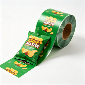 Rouleau de sacs d'emballage en plastique imprimé vert, type stand-up pouch, pour chips, snacks et aliments - Product Image 1