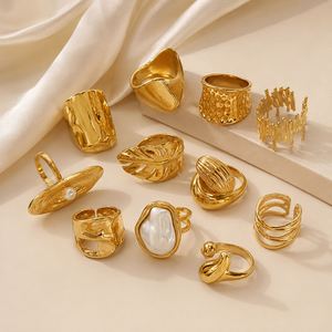 Chunky Luxury Stainless Steel 18K <b>Gold</b> Plated Geometric Trendy Textured Irregular <b>Rings</b> - Product Image 4