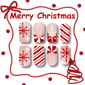 圣诞法国中号方形ABS假指甲易压手指红白雪花对比条纹设计凝胶紫外线 - Product Image 2