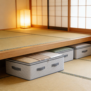 Under <b>Bed</b> Storage <b>Bag</b> Rectangle Large Capacity Dustproof Clothing Organizer Bedroom Use Gray Striped 60x44x20cm - Product Image 2