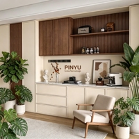 Armoire de chambre à coucher de style oriental en bois composite sur mesure, avec plusieurs compartiments, structure entièrement montée au plafond