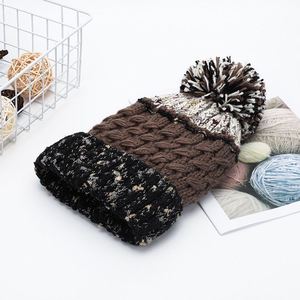 Women Thickened Plush <b>Fleece</b> Lined Wide Knitted <b>Beanie</b> Pom Pom Fur Balls Color Blocking Design Polyester/Cotton Fabric for - Product Image 6