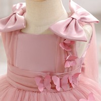 Gaun Formal Tanpa Lengan untuk Bayi Perempuan Usia Baru Lahir, Panjang Selutut, Berbahan Mesh dengan Hiasan Pita, untuk Pertunjukan Piano Anak, Nyaman Dipakai