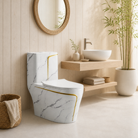 WC monobloc en marbre blanc émaillé avec bandes décoratives dorées, WC à double chasse siphonique pour salle de bain moderne