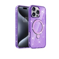 Anneau en métal support Bling paillettes magnétique étui de charge sans fil pour iPhone 16 15 14 13 12 11 Plus Pro Max clair antichoc couverture
