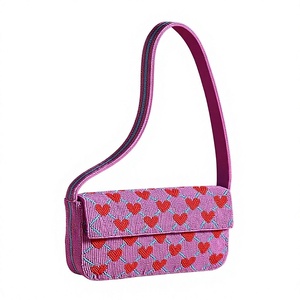 Bolso Bandolera Rosa con Patrón de Corazones Bordados, Bolso de Hombro de Lona de Moda para Actividades Promocionales con Cuentas de Vidrio - Product Image 1