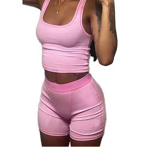 Rosa atmungsaktives Damen-Set Gerippte Tanktop-Shorts Zweiteiliges Lounge-Wear-Set Damen bekleidung Lounge wear Summer Ropa De Mujer - Product Image 1