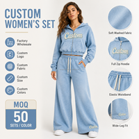 Ensemble deux pièces personnalisé pour femme, effet délavé, comprenant un sweat à capuche court zippé et un pantalon de survêtement large, bleu, vente en gros de sweats à capuche et de survêtements