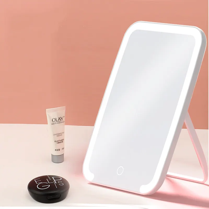 Cermin meja rias LED layar sentuh portabel, kecerahan dapat diatur USB dapat diisi ulang cermin kosmetik cermin meja