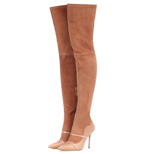 Bottes longues pour femmes en daim extensible sur mesure taille 46, talons fins, fermeture éclair latérale, bottes hautes au-dessus du genou, chaussures élastiques pour femmes - Product Image 5