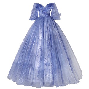 Off The Shoulder Ball Gown Gray Blue Floral Print Empire Waist Long Evening Dress For Women - Product Image 5