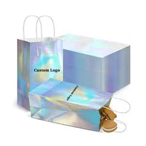 Bolsa de compras holográfica de lujo con logotipo personalizado, bolsas de marca para embalaje de ropa con asa de papel