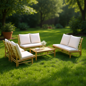 Ensemble de salon de jardin en bambou 6 places, mobilier d'extérieur résistant aux intempéries, design élégant - Product Image 2