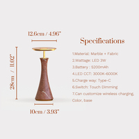 Lampe de table sans fil de luxe en marbre, à commande tactile, à intensité variable, tête plate, pierre lourde, batterie 5000 mAh, veilleuse 2700K, étoiles