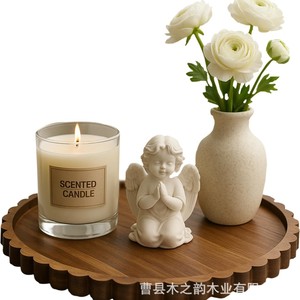 Plateau rond en bois avec bordure en dentelle, support pour bougie parfumée, décoration de bureau, porte-vase, plateau de rangement en bois massif - Product Image 1