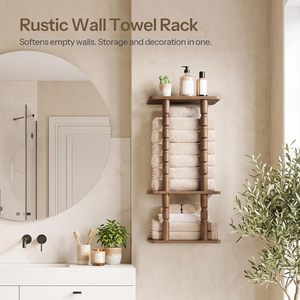 Wall Mount 3 Tier <b>Towel</b> <b>Rack</b> For Bathroom Featuring 2 Solid <b>Wood</b> Turned Legs Multi Purpose Washroom Storage Organizer - Product Image 2