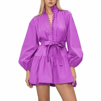 Robe décontractée élégante pour femme, violette personnalisée, à col montant, manches longues bouffantes, avec ceinture à nouer, ourlet à volants et coupe fluide froncée